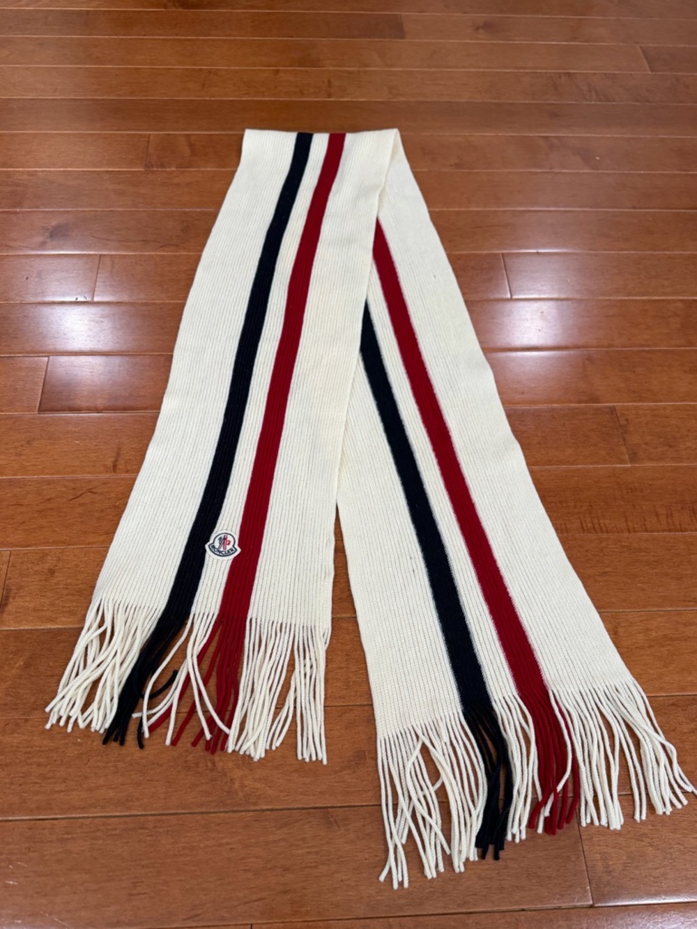 Moncler Beige w Blue & Red Stripes and Fringe Wool Scarf